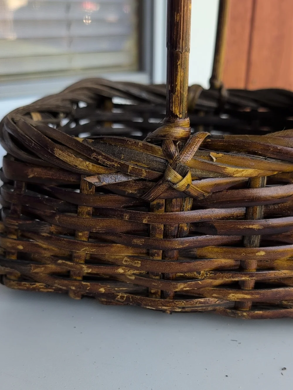Rare! Vtg.Philippines Woven Bamboo  Square Willow Basket with Handle(226)